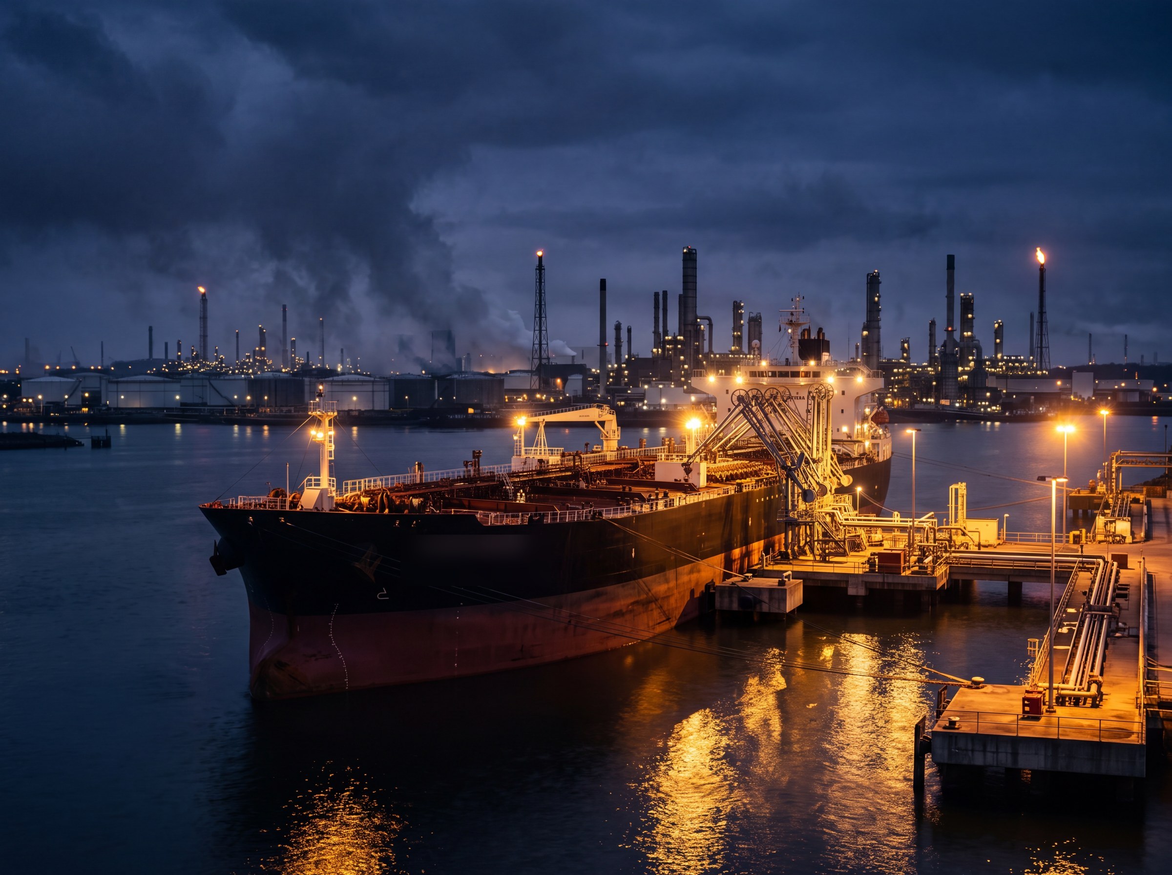 Crude tanker berthed at a marine export terminal at dusk